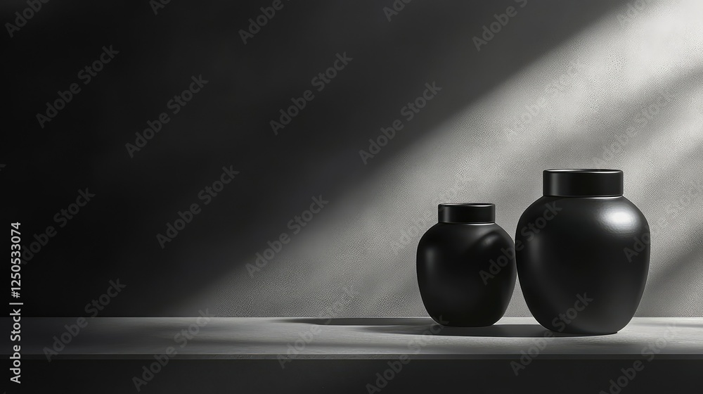 Poster minimalistic still life with two elegant black vases on a table against a gray textured background h