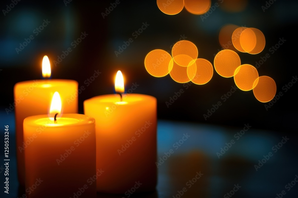 Poster three burning candles with bokeh lights.