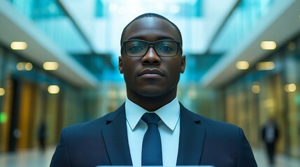 Fototapeta premium Serious Black Businessman in Modern Building