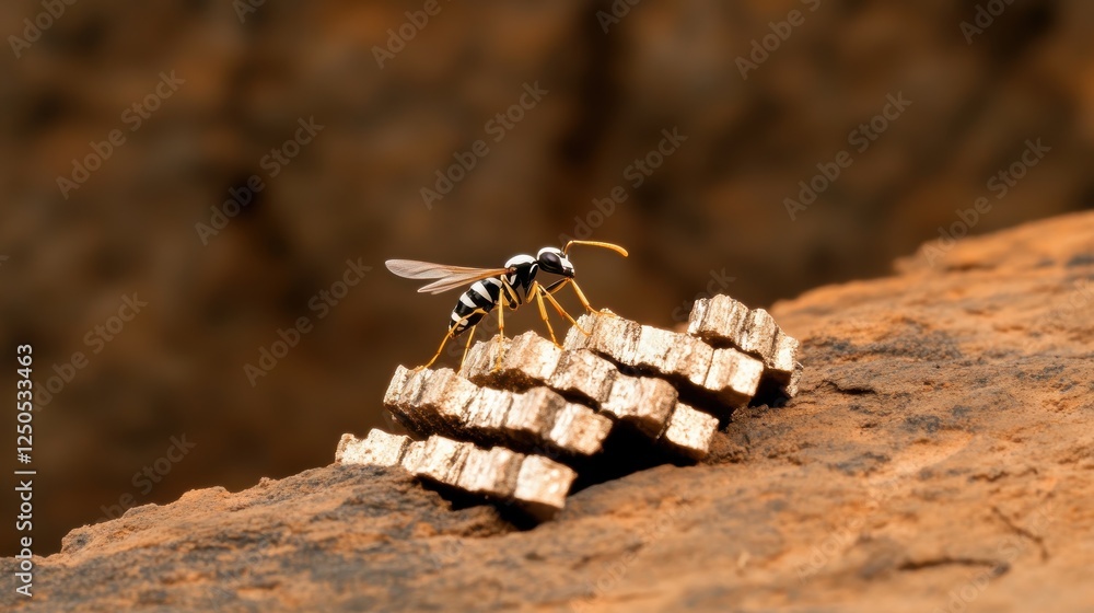 Poster a close-up of a wasp on a rock, next to a stack of small materials.