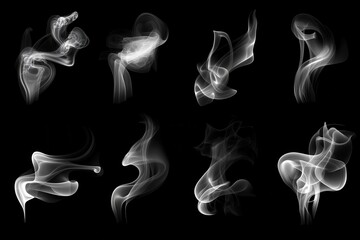 Fototapeta premium Realistic smoke effects for dark backgrounds in diverse shapes and styles for creative projects and atmospheric designs