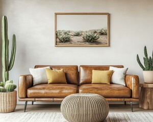 Modern Living Room with Leather Sofa and Cactus Plants