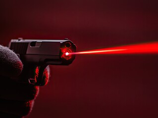 Hand Holding a Gun with Red Laser Sight Pointing in the Dark Background