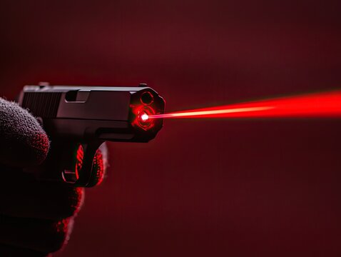 Hand Holding a Gun with Red Laser Sight Pointing in the Dark Background