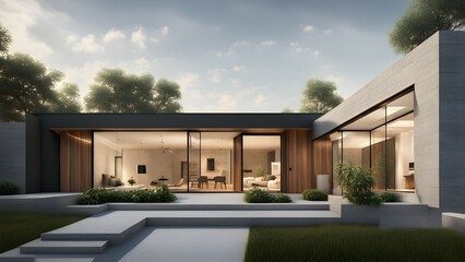 Modern house with large windows and wooden accents in a serene outdoor setting.