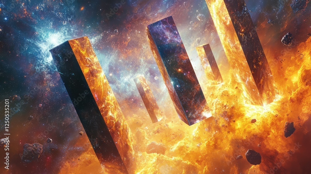 Aufkleber breathtaking abstract cosmic landscape with floating monoliths surrounded by colorful explosions and