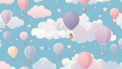 A whimsical illustration of colorful hot air balloons floating among clouds and stars.