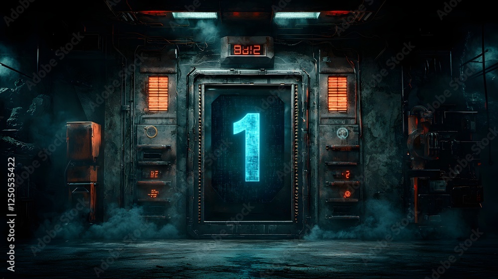 Poster futuristic glowing digital portal frame set in a dark moody industrial environment with a cyberpunk 