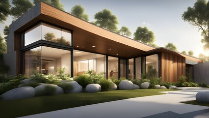 Modern architectural house with large windows and natural landscaping.