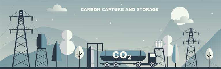 Carbon capture and storage transportation with a CO2 tanker truck, power lines, and industrial infrastructure, illustrating sustainable technology for reducing greenhouse gas emissions.