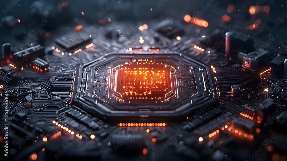 Poster glowing futuristic tech circuit board with vibrant illumination pattern intricate digital processor 