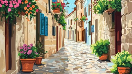 Charming Mediterranean Street Scene with Colorful Flowers and Stone Pathway