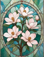 Stained Glass Magnolia Blossoms Teal Background