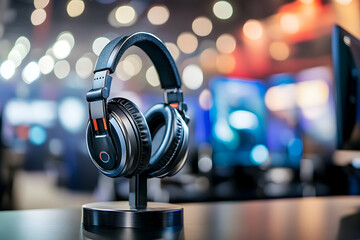 gaming studio setup with headphones, microphones, and blurred computers