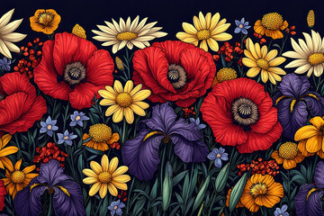 Colorful floral border with poppies, irises, daisies on dark background for design