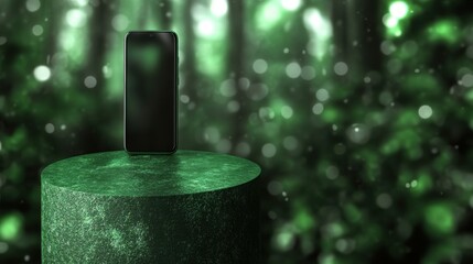 The image showcases a sleek smartphone placed on a textured green pedestal, surrounded by a lush, vibrant forest backdrop, emphasizing modern technology and nature.