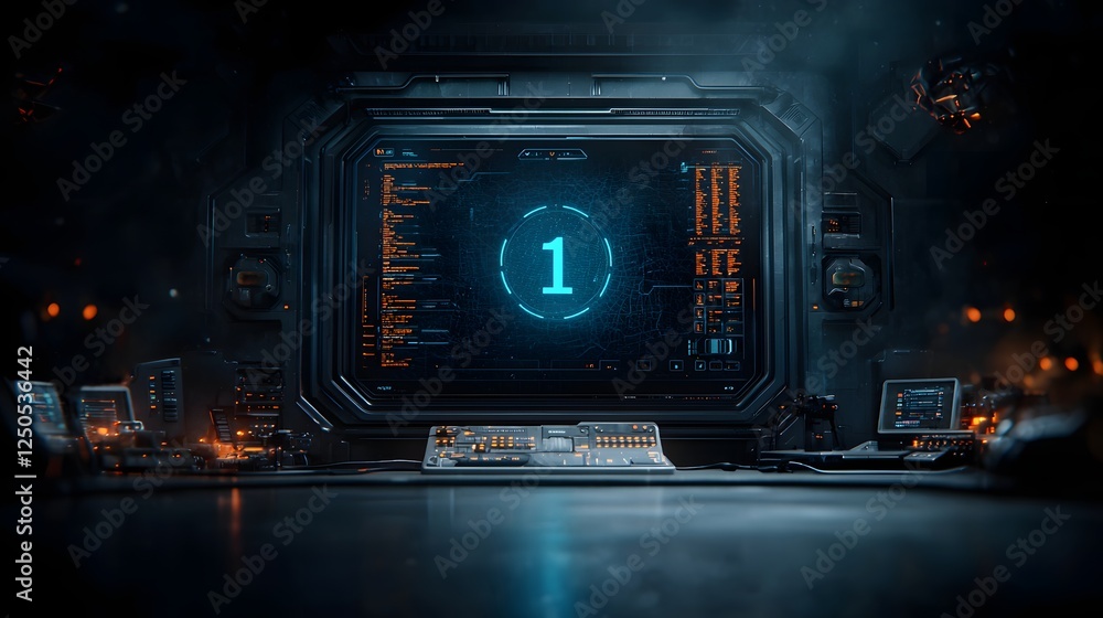 Poster dramatic futuristic holographic countdown display with glowing digital numbers and spaceship navigat