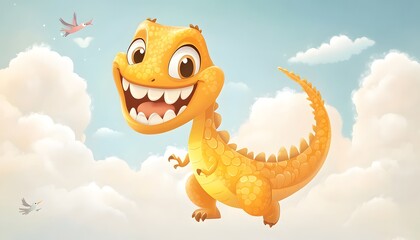 Fototapeta premium Happy Golden Dinosaur Soaring Through Fluffy Clouds