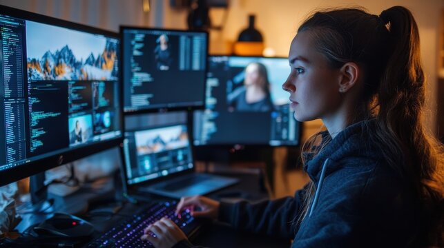 A focused individual works on multiple computer screens, engaged in coding or data analysis in a dimly lit room.