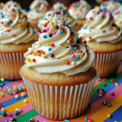 Vanilla cupcakes with sprinkles on a colorful background, perfect for celebrations