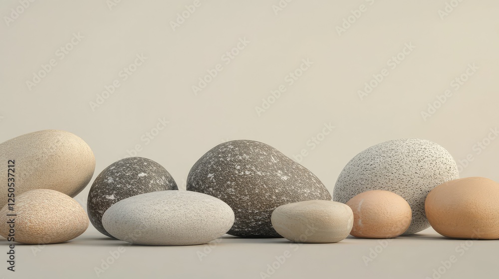 Poster a serene collection of various sized smooth stones arranged artistically on a soft grayscale backgro