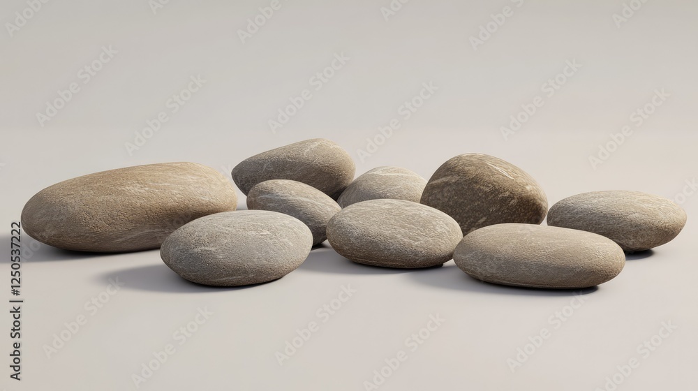 Poster a collection of smooth, round stones in soft natural tones arranged artistically on a light backgrou