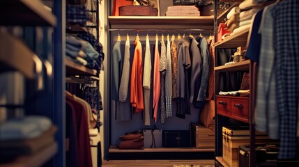 Organized walk-in closet with hanging clothes and shelf storage space