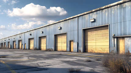 industrial loading docks with faded yellow doors and worn asphalt parking lot