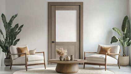 Modern Interior Design:  Relaxing Living Room with Wooden Furniture and Plants, Creating a Calm Atmosphere.