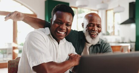 Celebration, mature man and son with laptop, proud and wow for notification of job acceptance and home. Success, father and black people with smile for response, reading or happy for message in house