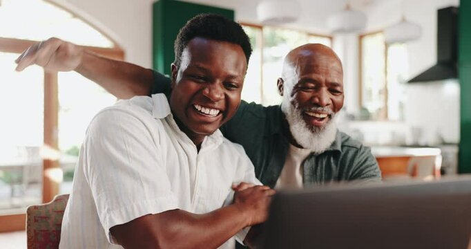 Celebration, mature man and son with laptop, proud and wow for notification of job acceptance and home. Success, father and black people with smile for response, reading or happy for message in house