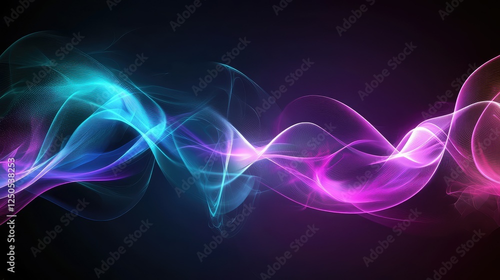 Poster colorful abstract wave patterns in blue and pink shades on a dark background creating a modern and d