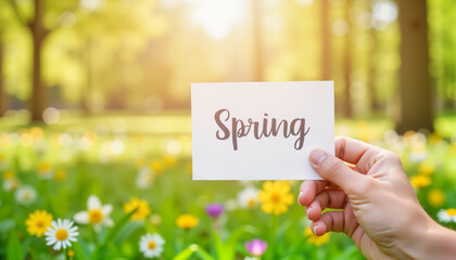 Hand holding a spring card in a blooming meadow with sunlight