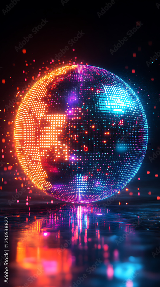 Poster glowing sphere with vibrant colors, half made of 8 bit pixels, reflects light on dark surface, creat