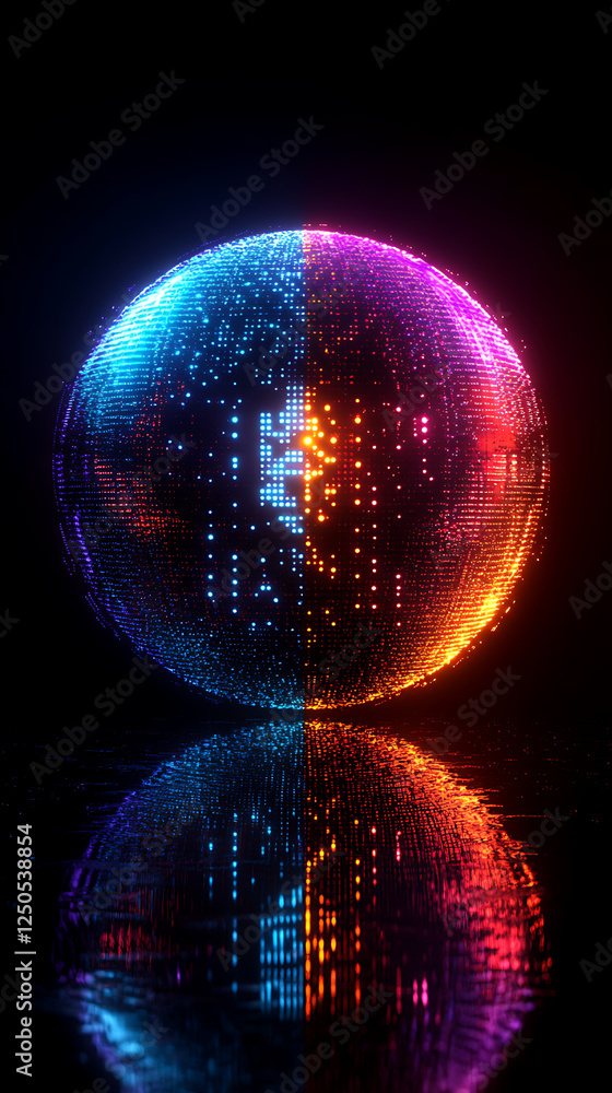 Poster glowing sphere with vibrant colors, half made of 8 bit pixels, reflects beautifully on dark surface,