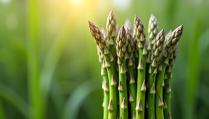 Fresh medicinal asparagus spears growing in a sunny field with soft green background
