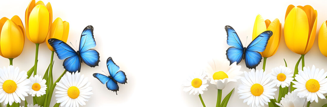 3D yellow tulips and blue butterflies on a white background, with white daisies in the foreground, creating a seamless, repeating pattern design with high resolution and lots of detail, in a 