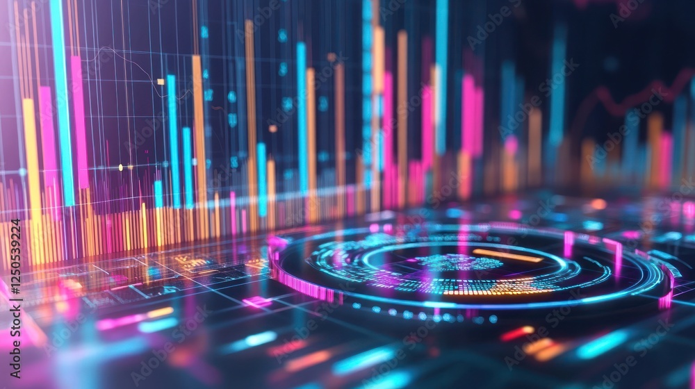Poster futuristic data visualization with glowing elements and dynamic charts