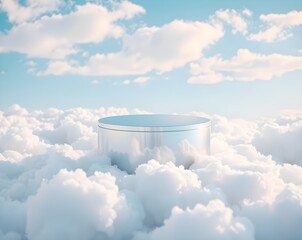 Whimsical 3D render of a cloud podium with a mirrored surface. Dreamy and minimal product display background