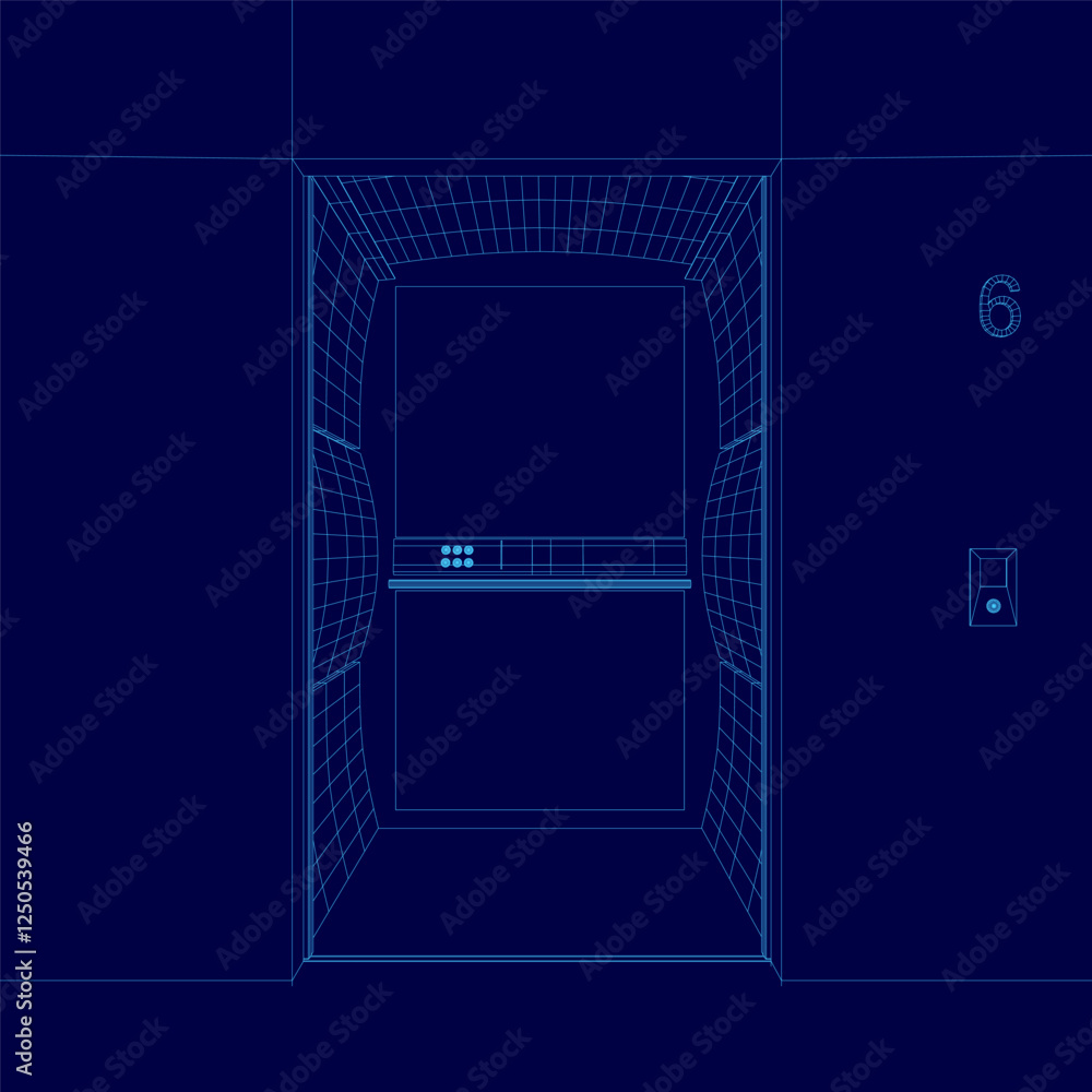 Poster a blue image of an elevator with a door. the door is open and the inside of the elevator is shown