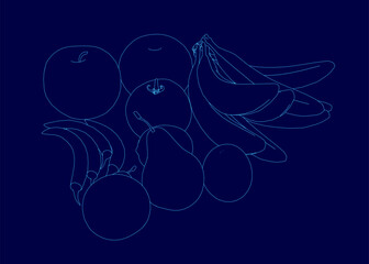 A blue drawing of a bunch of fruit including bananas, apples, and pears. The drawing is abstract and has a moody, dreamy feel to it