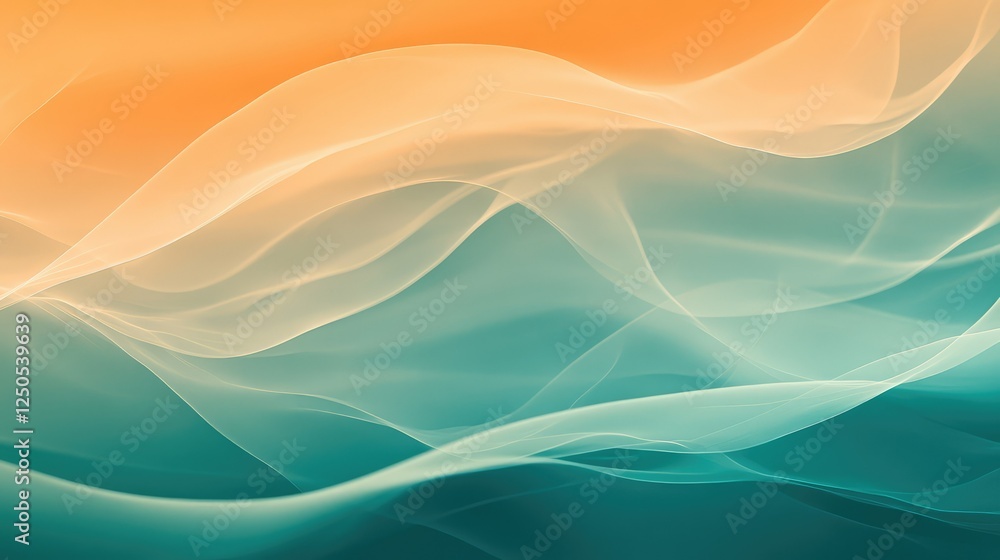 Poster ethereal flow of soft waves blending gentle hues of orange and teal in an abstract composition, perf