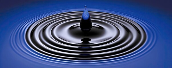 Dark drop impacting blue water, creating concentric ripples; serenity, peace