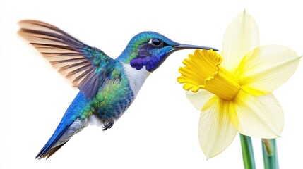 Obraz premium Colorful Hummingbird Hovering Near a Daffodil in a Natural Setting