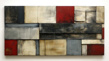 Abstract Wall Art with Textured Blocks in Earth Tones and Bold Red Accents, Modern Art Piece Ideal for Contemporary Home or Office Decor