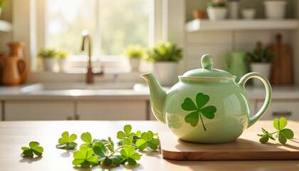 Green teapot with clover leaf on table, sunny kitchen, celebrating St. Patrick's Day
