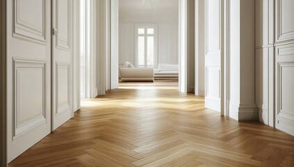 Elegant Herringbone Wood Flooring in a Classic White Hallway, Bright Sunlight Streaming Through Windows, Creates a Luxurious and Serene Ambiance.