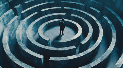 A businessman standing in the center of an intricate maze, symbolizing his long journey towards success and personal growth. The labyrinth represents the challenges he faced along the way to 