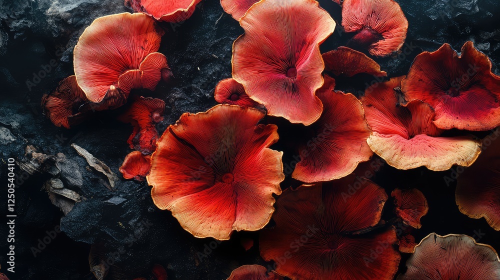 Poster vibrant red mushrooms growing on dark rocks creating an artistic nature scene with bold colors and i