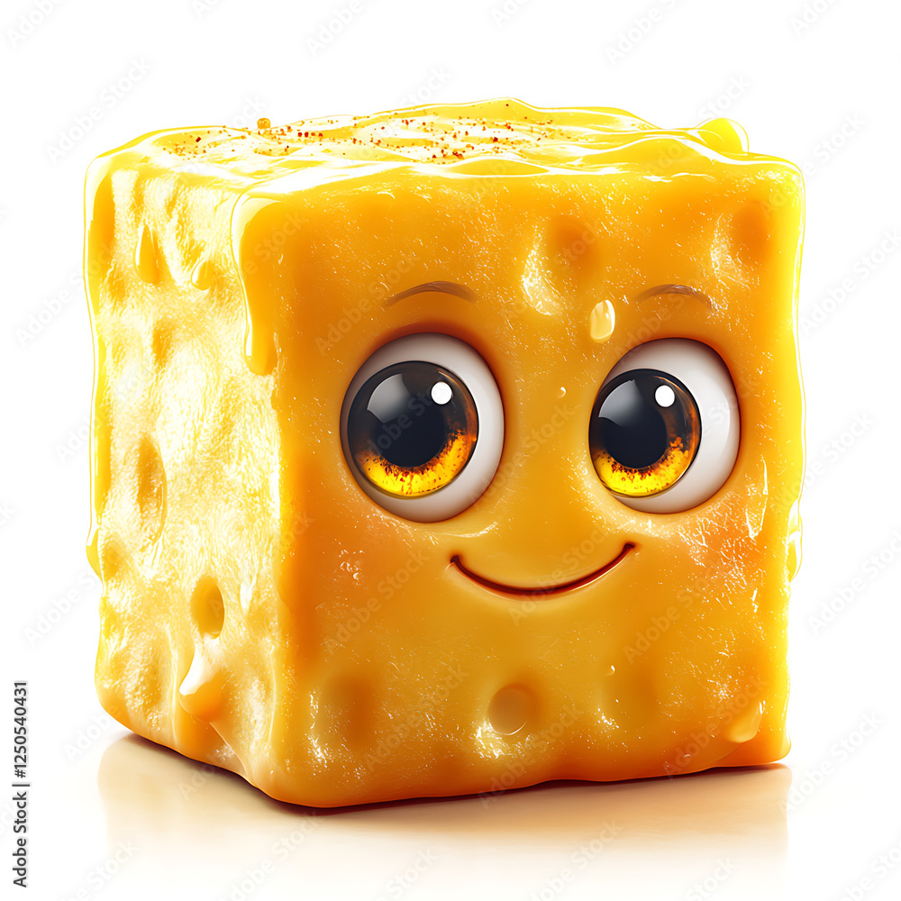 Aufkleber hyperrealistic cartoon cheese cube with big eyes and smiling expression, showcasing playful and chee